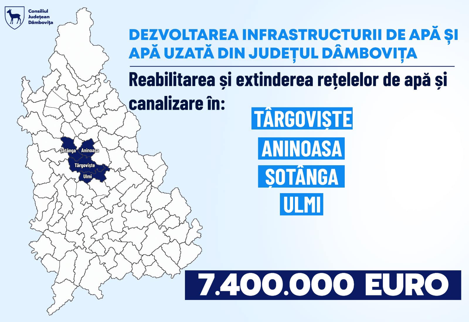 Încă un pas important făcut în cadrul celui mai mare proiect cu fonduri europene din Regiunea Sud-Muntenia. A fost semnat contractul de reabilitare și extindere a rețelelor de alimentare cu apă și canalizare în Târgoviște, Aninoasa, Șotânga și Ulmi.