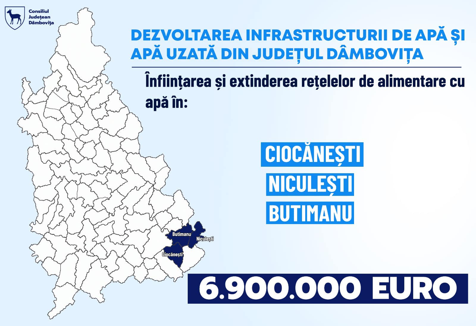 A fost semnat contractul de extindere și înființare rețele de apă în comunele Butimanu, Niculești și Ciocănești, în valoare de aproximativ 6,9 milioane de euro.