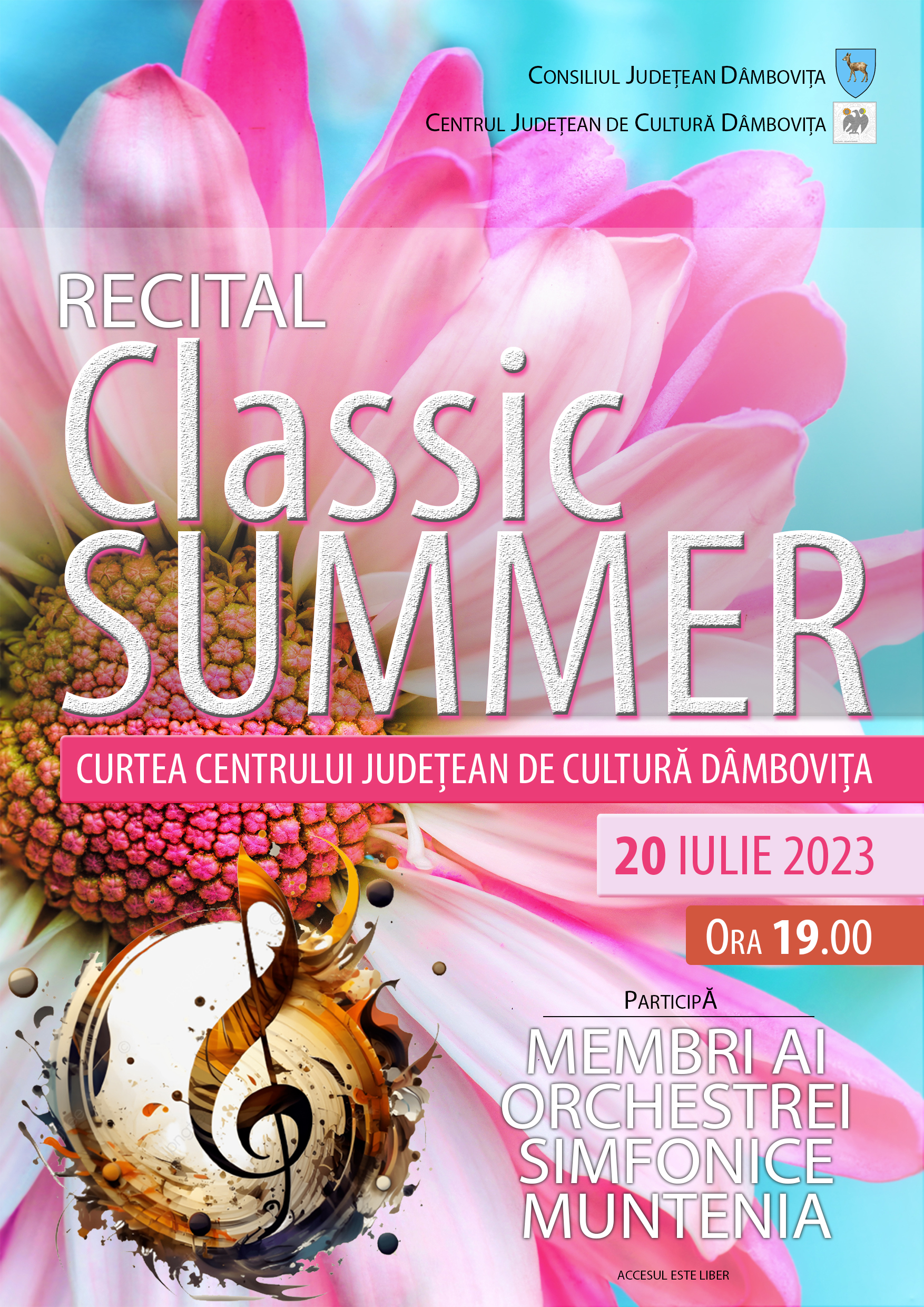 „Classic Summer”, recital de muzică clasică susținut de instrumentiști ai Orchestrei Simfonice „Muntenia”. Evenimentul are loc în curtea interioară a Centrului Județean de Cultură Dâmbovița, iar accesul este liber.