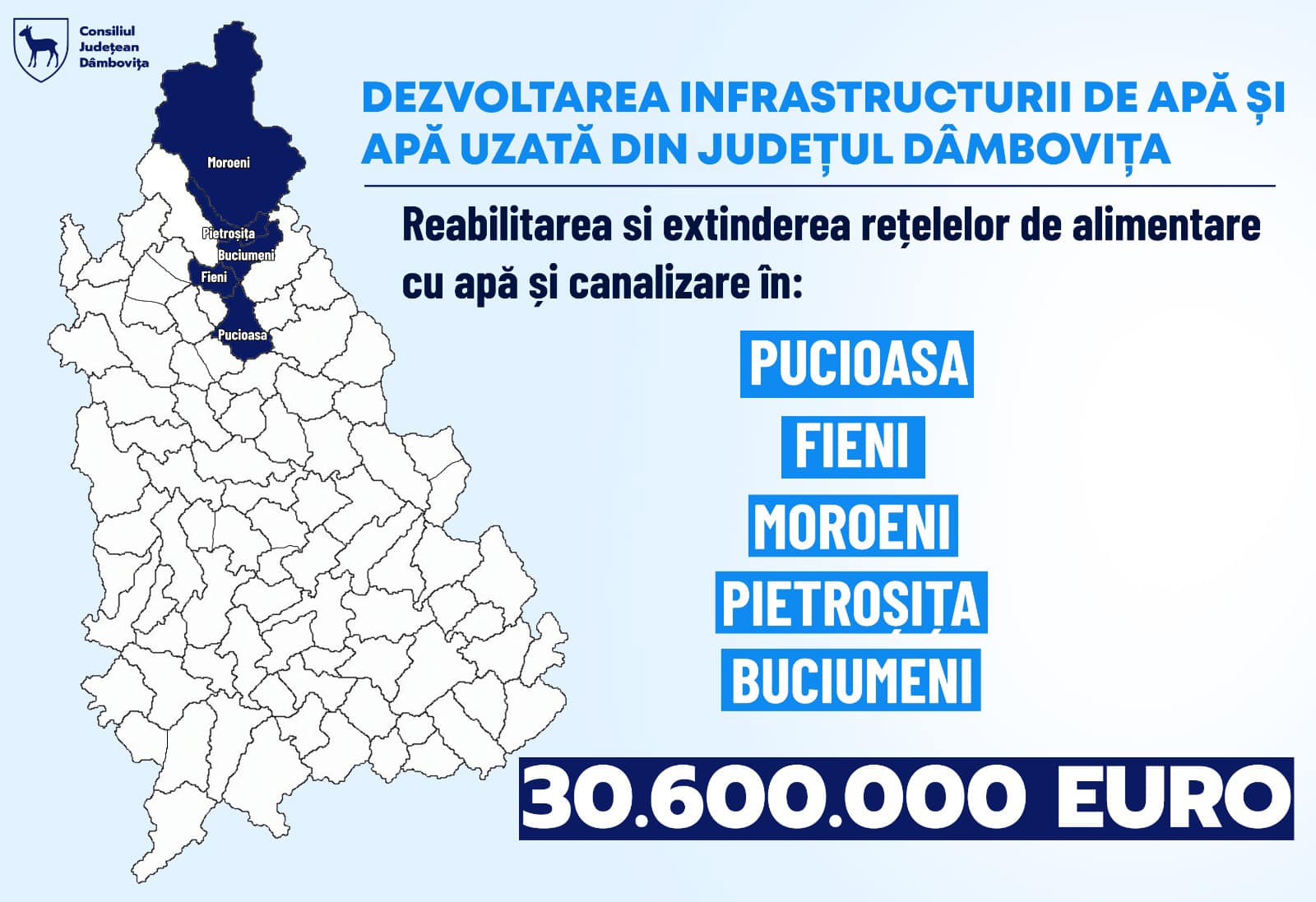 Vești bune! A fost semnat contractul de finanțare pentru înființarea, extinderea și reabilitarea rețelelor de apă și canalizate pentru localitățile Pucioasa, Fieni, Moroeni, Pietroșița și Buciumeni.