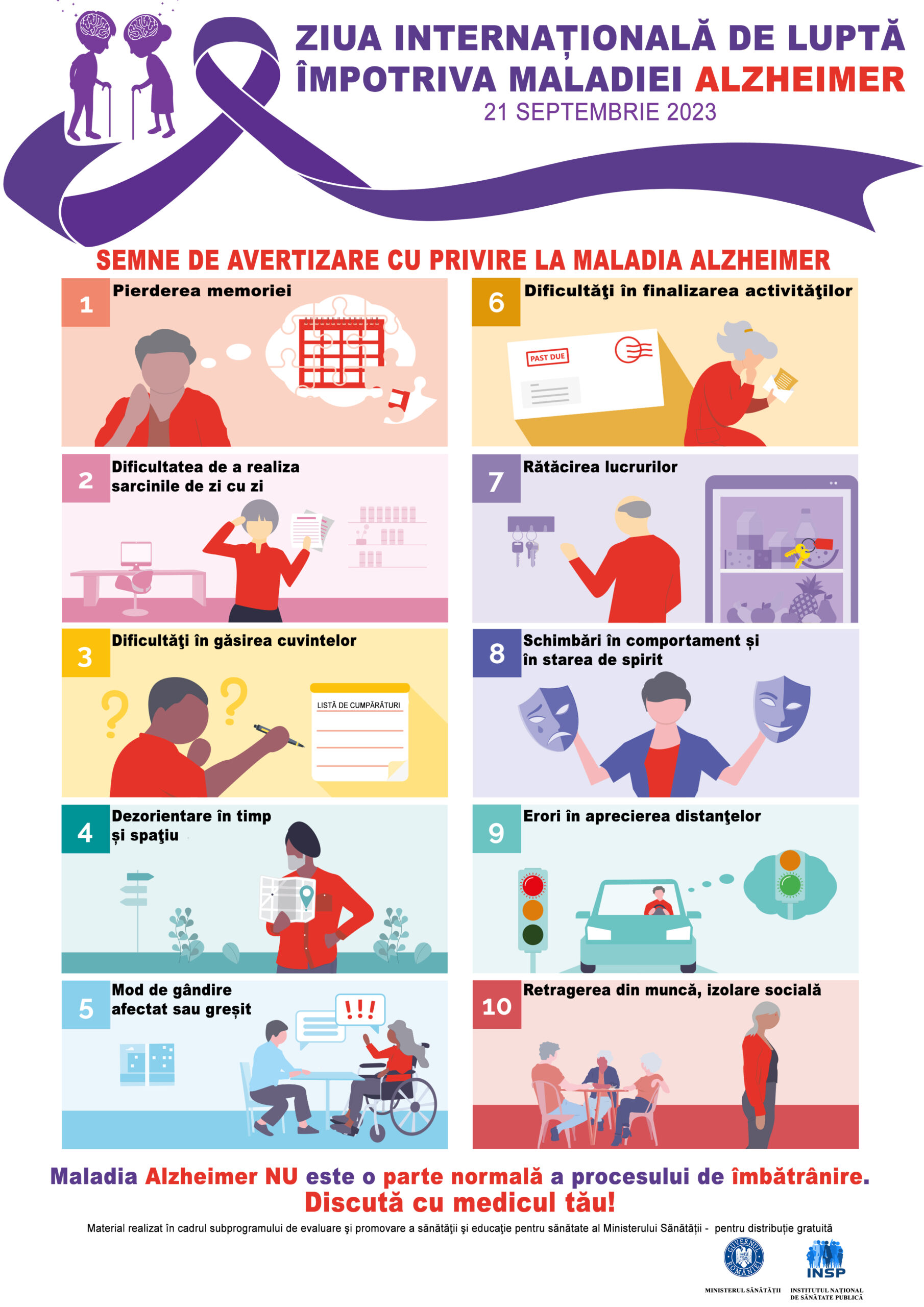 21 septembrie- Ziua Internațională de Luptă împotriva maladiei Alzheimer. „Demența nu este o parte normală a procesului de îmbătrânire! Discută despre aceasta cu medicul tău!”